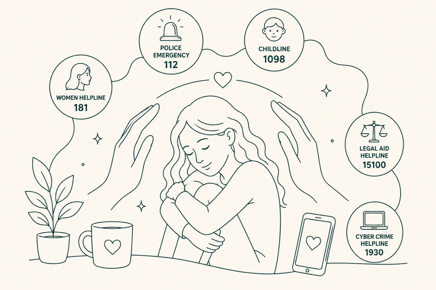 Illustration of a woman held by supportive hands with helpline numbers