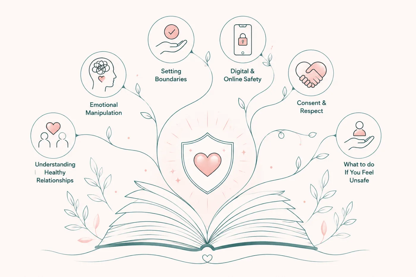 Illustration of safety topics growing from an open book