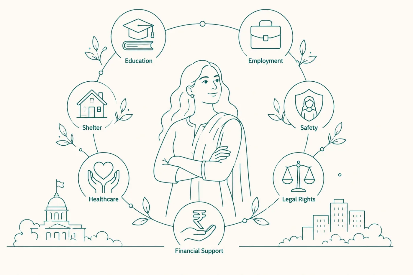 Illustration of a woman connected to education, health, finance and legal support