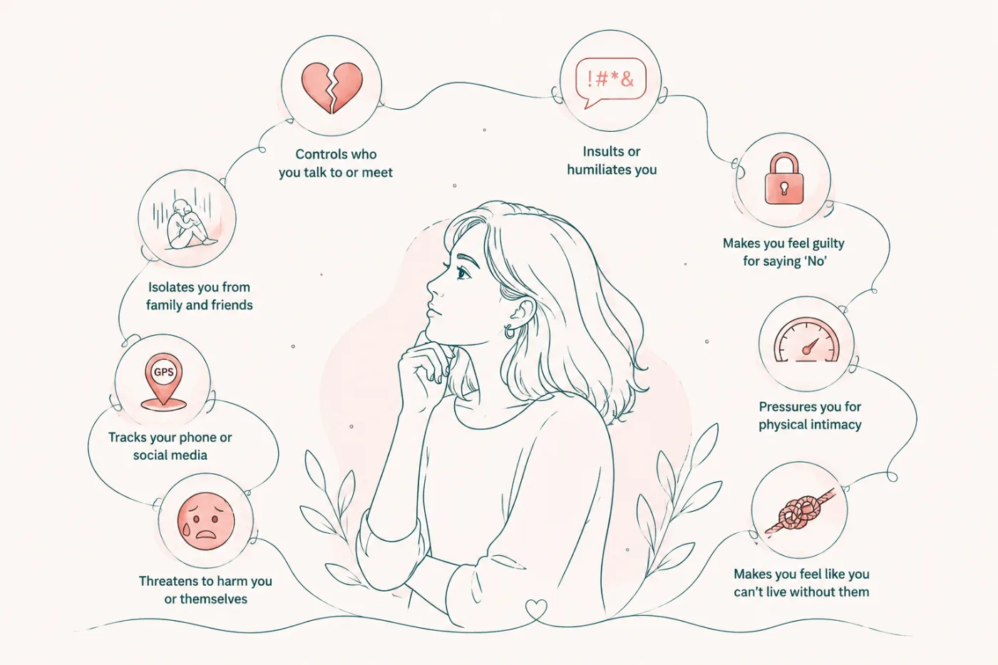 Illustration of a thoughtful woman surrounded by common warning signs