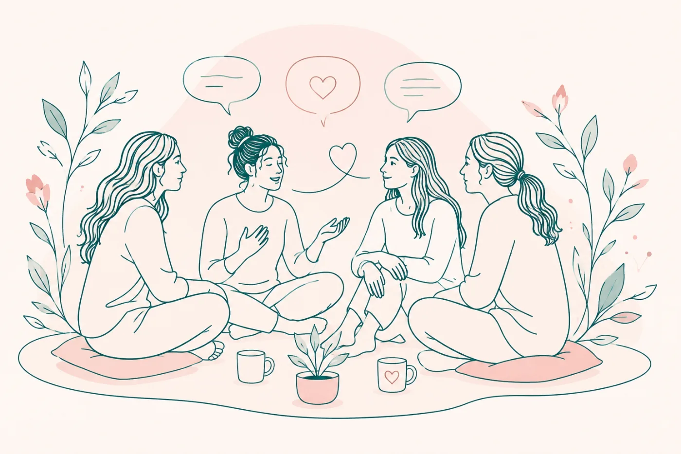 Illustration of women sitting together sharing stories