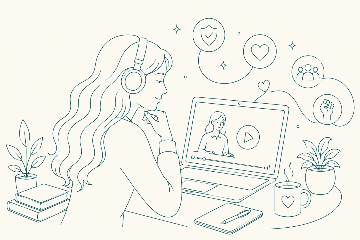 Illustration of a woman learning from videos